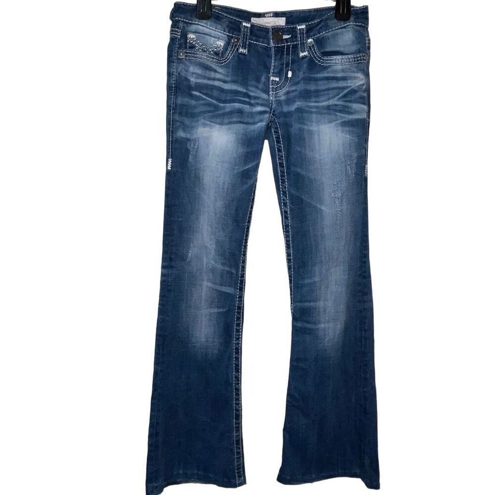 Vintage Big Star Womens Size 28XL Blue Whiskered Embellished Sweet Flare Jeans